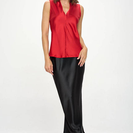 Red Silky Satin Vibrant V Neck Sleeveless Top