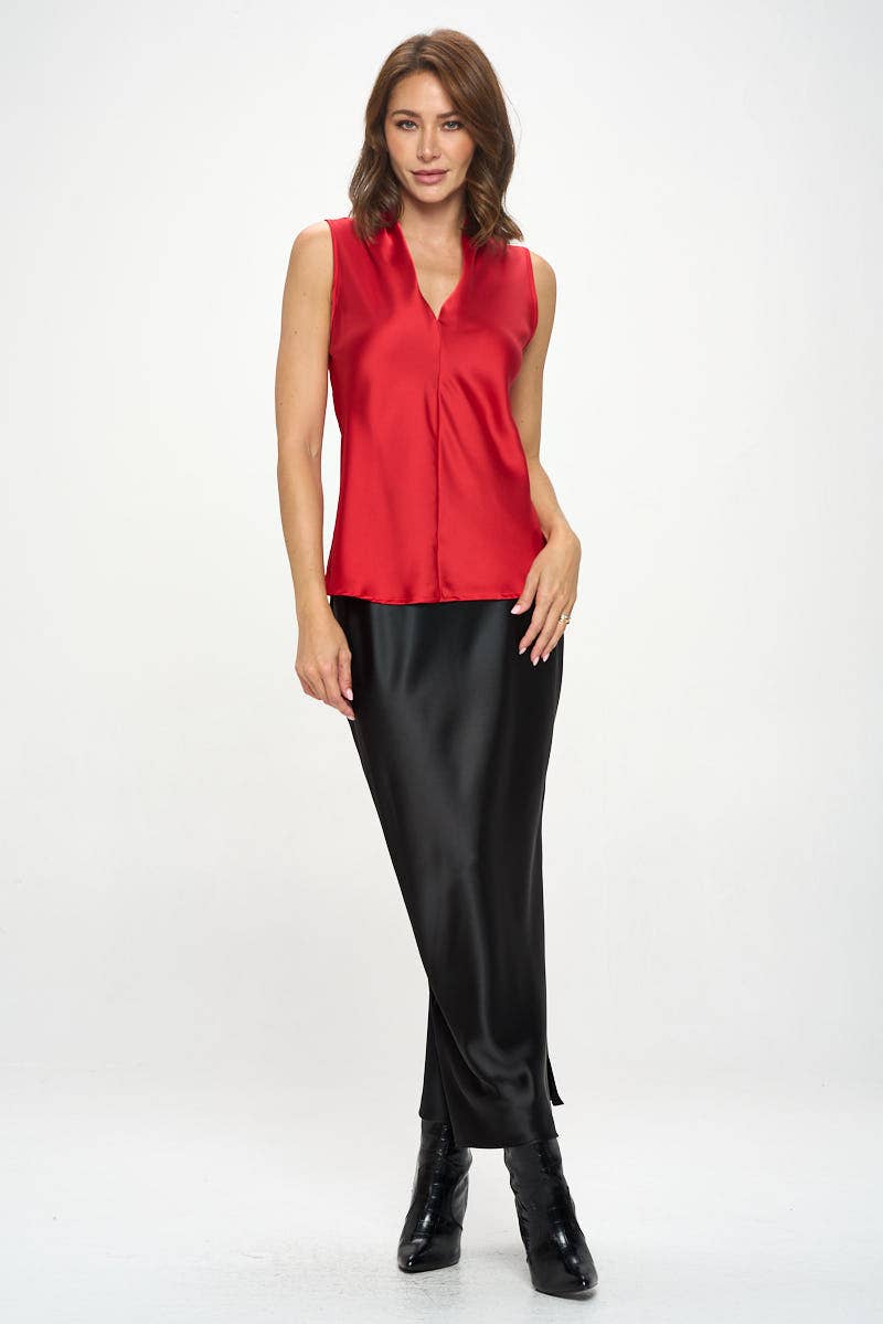 Red Silky Satin Vibrant V Neck Sleeveless Top