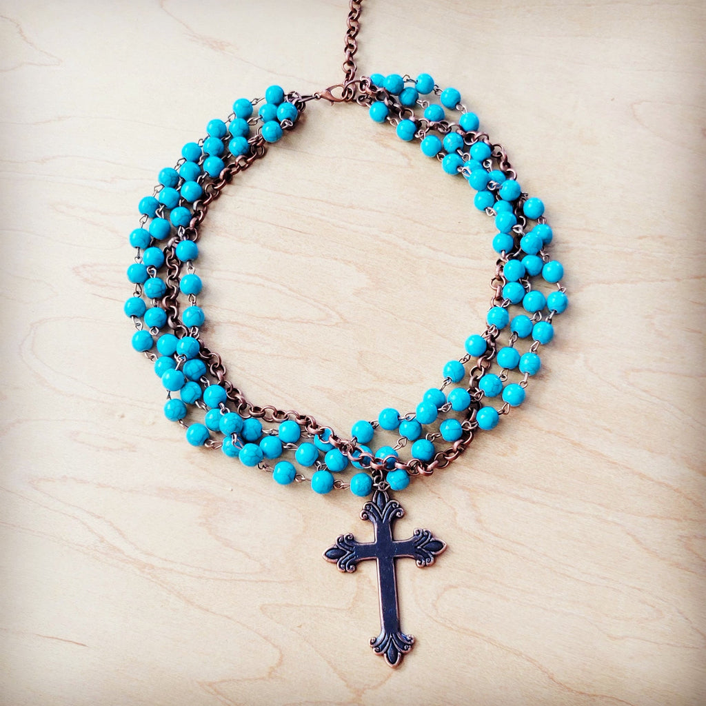 Blue Turquoise Beaded Collar Necklace w/ Cross Pendant 260y