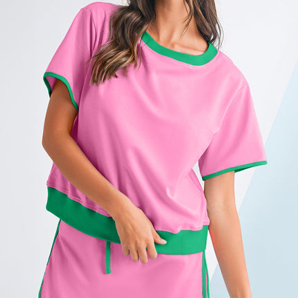 Luxury Colorblock Edge Drop Shoulder T Shirt and Skort Set