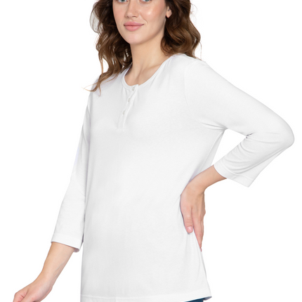 Women's 3/4 sleeves Henley in Cotton Blend with Button Placket