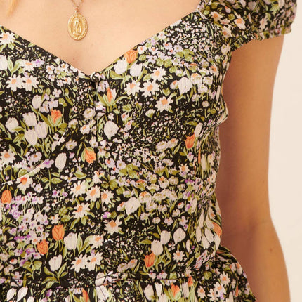 Floral Sweetheart Cap Sleeve Button Front Top