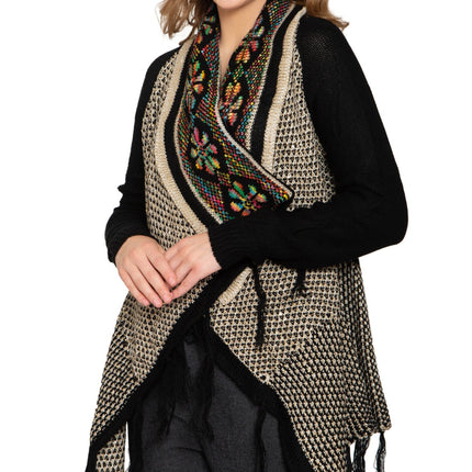 Women's Fringed Jacquard Weave Open Front Long Cardigan