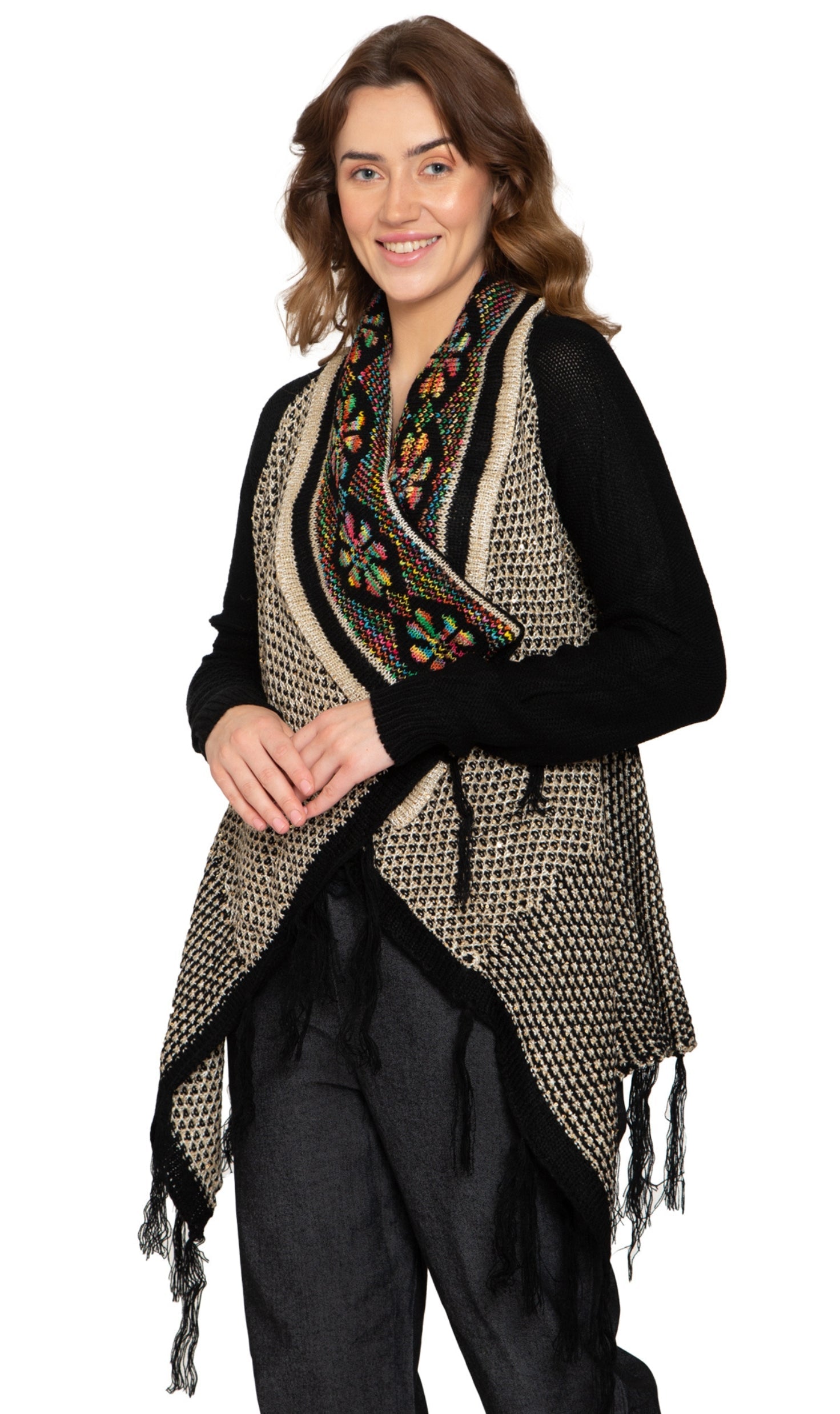 Women's Fringed Jacquard Weave Open Front Long Cardigan