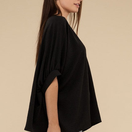 Woven Airflow V-Neck Puff Half Sleeve Top