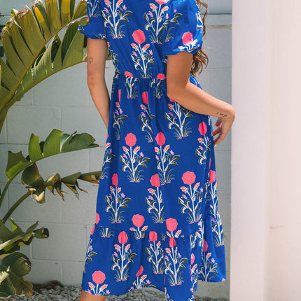 Luxury Floral Puff Short Sleeve V Neck High Waist Maxi Dress