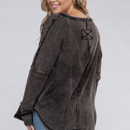 Plus Washed Baby Waffle Oversized Long Sleeve Top