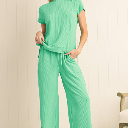 Luxury Solid Corded Short Sleeve T Shirt And Wide Leg Pants Set