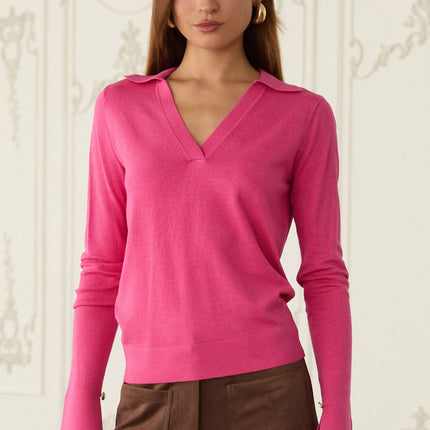 Long Sleeve Polo Knit Top -Fuchsia