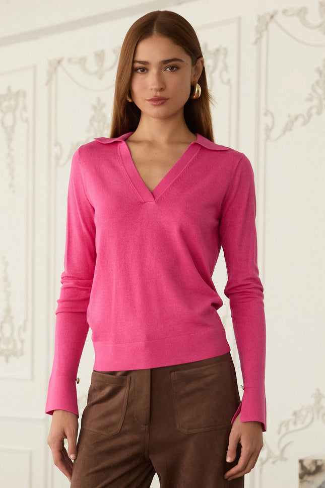 Long Sleeve Polo Knit Top -Fuchsia