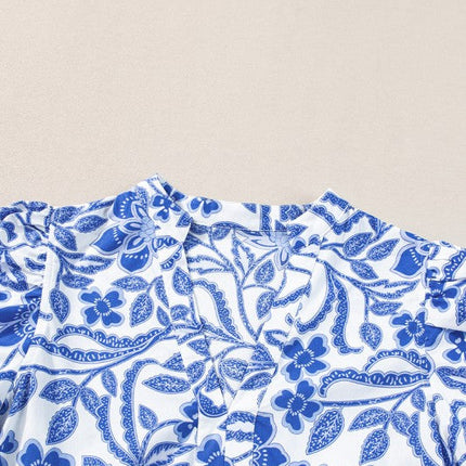 Blue Flower Print Puff Sleeve Tiered Dress