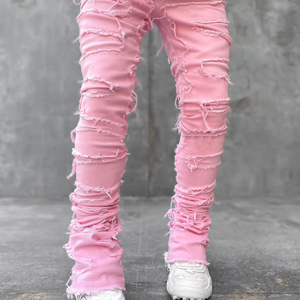 Patched Pants Long Tight Fit Stacked Jeans