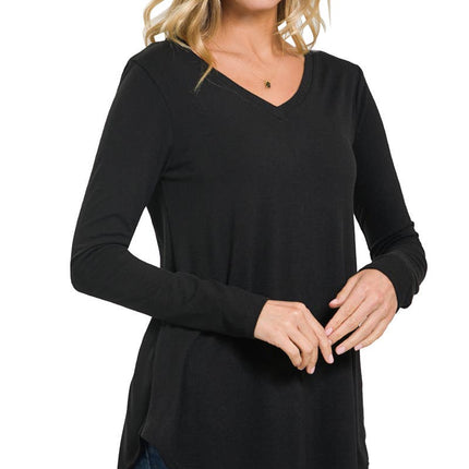 Long Sleeve V-neck Round Hem Top