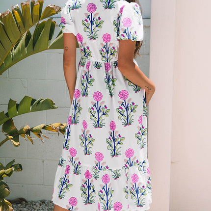 Luxury Floral Puff Short Sleeve V Neck High Waist Maxi Dress