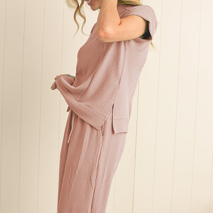 Luxury Solid Corded Short Sleeve T Shirt And Wide Leg Pants Set