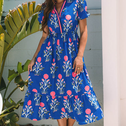 Luxury Floral Puff Short Sleeve V Neck High Waist Maxi Dress