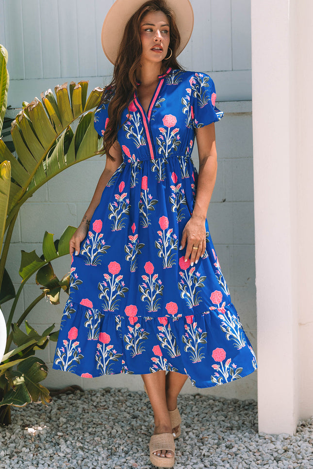 Luxury Floral Puff Short Sleeve V Neck High Waist Maxi Dress