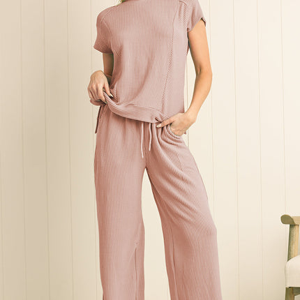 Luxury Solid Corded Short Sleeve T Shirt And Wide Leg Pants Set
