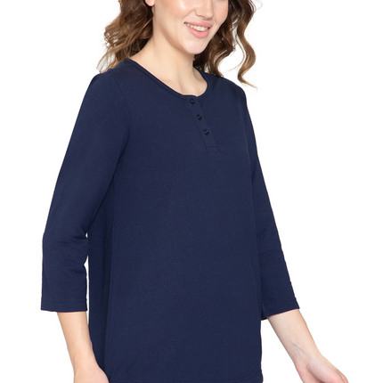 Women's 3/4 sleeves Henley in Cotton Blend with Button Placket