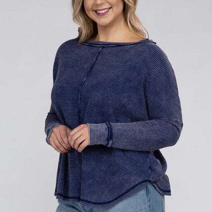 Plus Washed Baby Waffle Oversized Long Sleeve Top