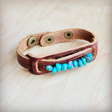 **Genuine Leather Narrow Cuff with Turquoise Regalite Stones 006v