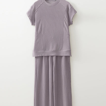 Luxury Solid Corded Short Sleeve T Shirt And Wide Leg Pants Set