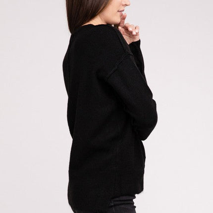 Melange Hi-Low Hem Round Neck Sweater