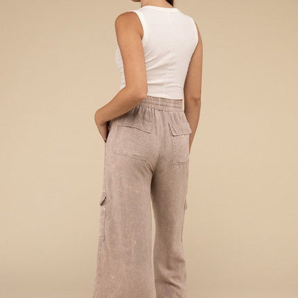 Washed Linen Elastic Band Waist Cargo Pants