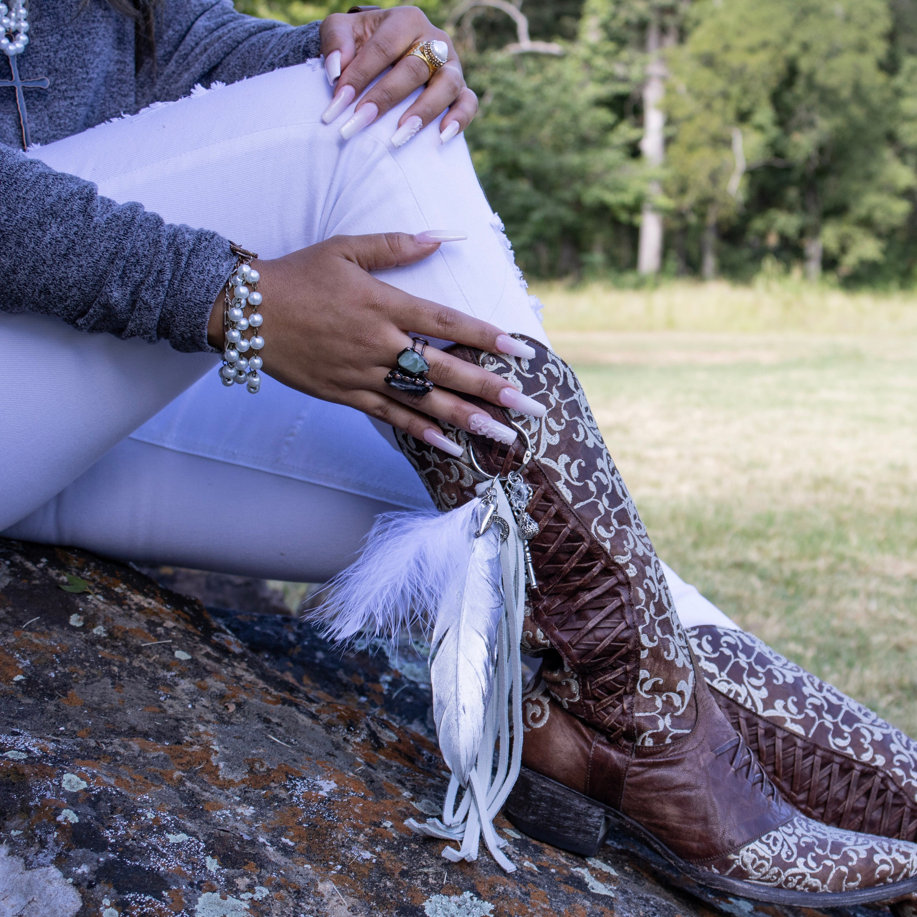 Wedding Boho Western Leather Boot Bling Charm Feather & Key 500L