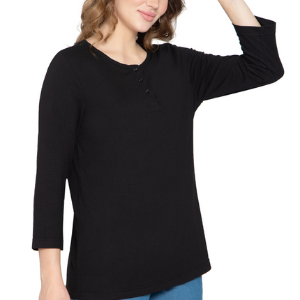 Women's 3/4 sleeves Henley in Cotton Blend with Button Placket