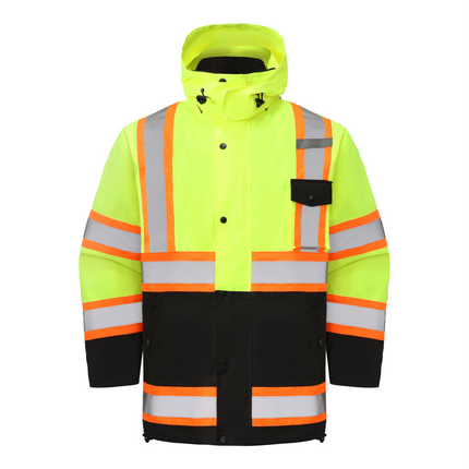 Kiwi High Visibility 3-in-1 Hooded & Fleece Lined ANSI/ISEA 107-2020, Type R, Class 3 Two Tone, Contrast Trimmed Water Resistant Neon Safety Jacket [71500]