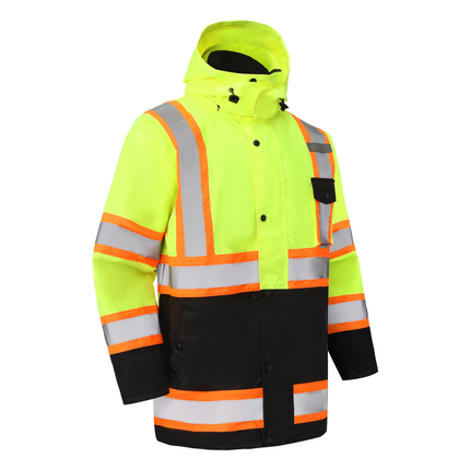Kiwi High Visibility 3-in-1 Hooded & Fleece Lined ANSI/ISEA 107-2020, Type R, Class 3 Two Tone, Contrast Trimmed Water Resistant Neon Safety Jacket [71500]