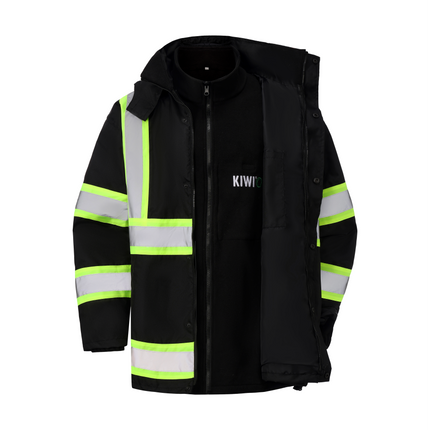 Kiwi High Visibility 3-in-1 Hooded & Fleece Lined ANSI/ISEA 107-2020 Reflector Contrast Trimmed Water Resistant Black Safety Jacket [71600]