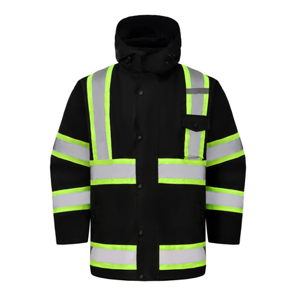 Kiwi High Visibility 3-in-1 Hooded & Fleece Lined ANSI/ISEA 107-2020 Reflector Contrast Trimmed Water Resistant Black Safety Jacket [71600]