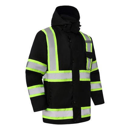 Kiwi High Visibility 3-in-1 Hooded & Fleece Lined ANSI/ISEA 107-2020 Reflector Contrast Trimmed Water Resistant Black Safety Jacket [71600]