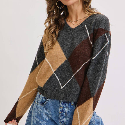 Charcoal Wine Camel  V-Neck Argyle Sweater