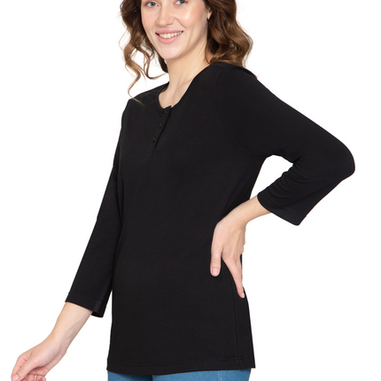 Women's 3/4 sleeves Henley in Cotton Blend with Button Placket