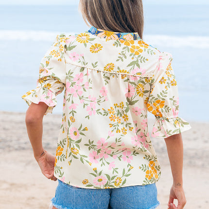 Luxury Multicolour Crochet V Neck Half Sleeve Boho Floral Blouse