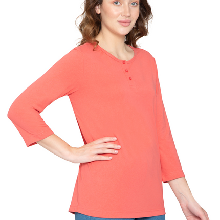 Women's 3/4 sleeves Henley in Cotton Blend with Button Placket