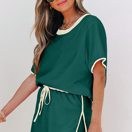 Luxury Colorblock Edge Drop Shoulder T Shirt and Skort 2Pcs Set