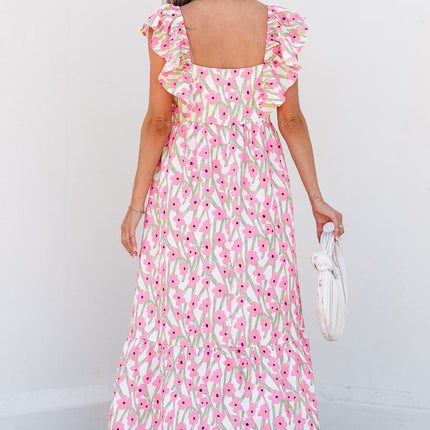 Luxury Floral Print Square Neck Ruffled Strap Maxi Dress