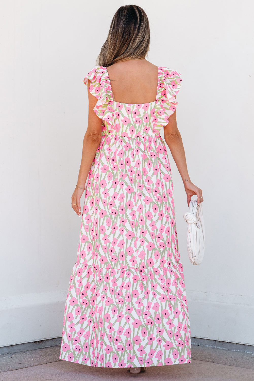 Luxury Floral Print Square Neck Ruffled Strap Maxi Dress