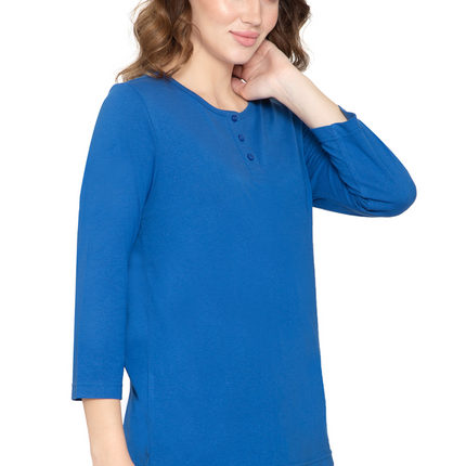 Women's 3/4 sleeves Henley in Cotton Blend with Button Placket