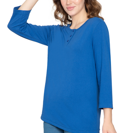 Women's 3/4 sleeves Henley in Cotton Blend with Button Placket