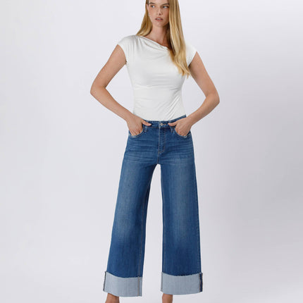 High Rise Cuffed Ankle Wide Leg Jeans