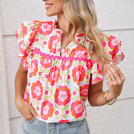 Rose Boho Floral Print Ricrac Ruffle Sleeve Blouse
