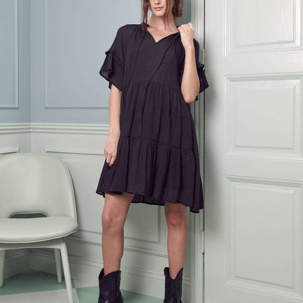 Ruffled neck tiered mini dress PLUS