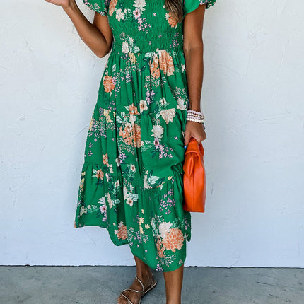 Luxury Floral Print Bubble Sleeve Smocked Tiered Midi Dress