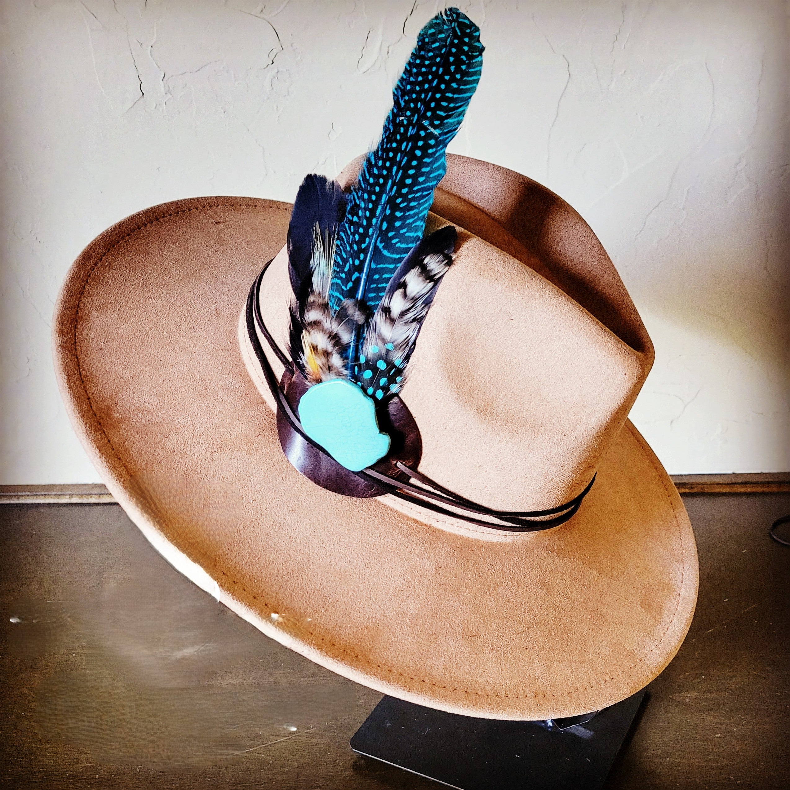 Boho Western Felt Hat w/ Choice of Turquoise Hat Accent-Tan 981d