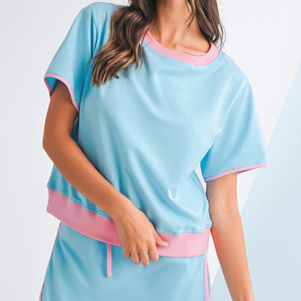Luxury Colorblock Edge Drop Shoulder T Shirt and Skort Set